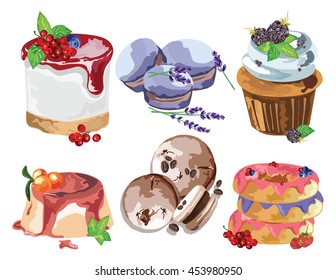 Delicious Desserts set. Sweet treats delicious macaroons, donuts and cakes. Vector realistic fruit cakes illustration. Retro style watercolor handmade collection