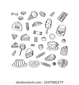 Delicious Desserts and Treats: A Hand-Drawn Illustration Featuring a Variety of Sweet Delights Including Ice Cream, Cakes, Candies, and More, Perfect for Any Dessert Lover