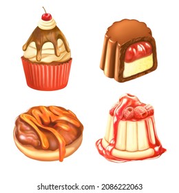 Delicious desserts vector set. Chocolate donut with glaze, vanilla cupcake, cake with berries and candy with jam. Vector illustration eps10