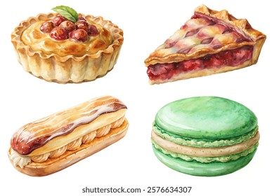 Delicious desserts, watercolor illustration, colorful pastries, sweet treats, gourmet desserts, artistic food design.