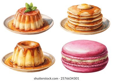 Delicious desserts, watercolor illustration, sweet treats, pancakes with syrup, caramel flan, pink macaroon, vibrant colors.