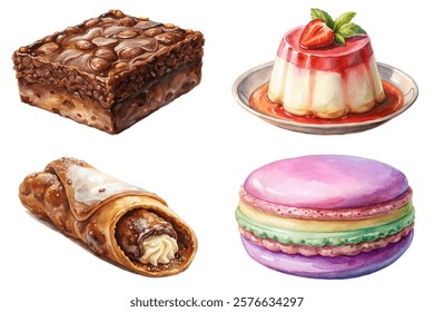 Delicious desserts, watercolor illustrations, sweet treats, colorful pastries, gourmet confections, artistic food presentation.