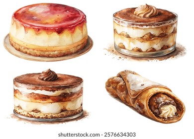 Delicious desserts, watercolor illustrations, sweet treats, gourmet cakes, creamy textures, vibrant colors, food art, culinary delights.