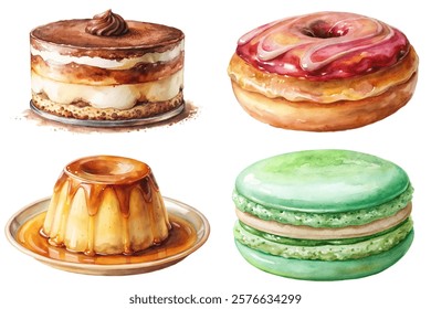 Delicious desserts, watercolor style, colorful pastries, sweet treats, artistic food illustration, tempting confections.