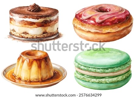 Delicious desserts, watercolor style, colorful pastries, sweet treats, artistic food illustration, tempting confections.