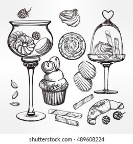 Delicious desserts.Cakes, biscuits, blackberry and pastry spice  vintage style vector illustration.