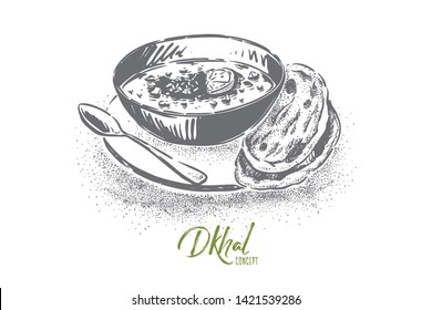 Delicious dhal with bread cakes, spicy cream soup with boiled beans, eastern food restaurant menu, dinner. Traditional indian daal, asian cuisine concept sketch. Hand drawn vector illustration