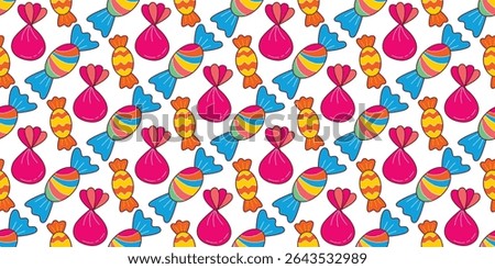 Delicious different candies kid seamless pattern. Continuous background with caramel and sweets. Yummy mood print, vector graphic