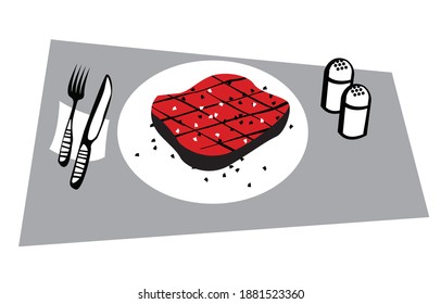 Una cena deliciosa. Carne a la mitad asada sobre una mesa servida. Imagen vectorial para ilustraciones.