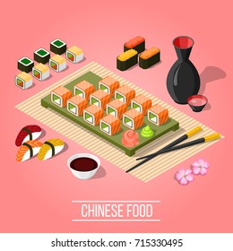 Delicious dinner with sushi and maki at asian bar on pink background 3d isometric vector illustration