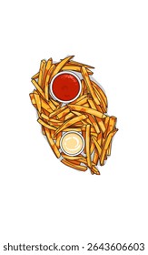 Delicious dish of French fries with tomato sauce and mayonnaise. Fast food art illustration