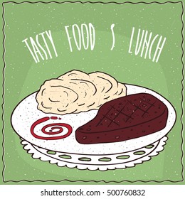 Delicious dish with Grilled Meat Steak and Portion of Mashed Potatoes, in cartoon style on green background. Hand draw Lettering Tasty Food And Lunch. Vector illustration