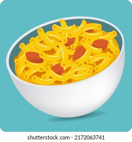 delicious dish of mac and cheese bowl with sausages vector illustration 