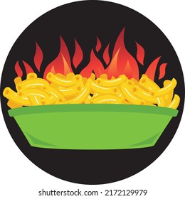 delicious dish of spicy mac and cheese bowl vector illustration with flames 