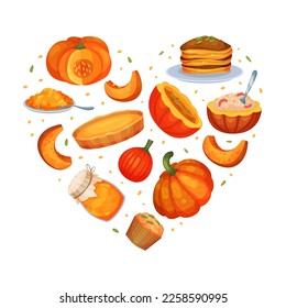 Delicious dishes made of pumpkin in heart shape. Fresh pumpkin, pie, cupcake, cake, cupcake banner, poster, card design template cartoon vector