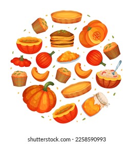 Delicious dishes made of pumpkin in round shape. Fresh pumpkin, pie, cupcake, cake, cupcake banner, poster, card design template cartoon vector