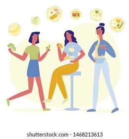 Delicious Dishes Options Flat Vector Illustration. Happy Girlfriends Cartoon Characters. Young Women Holding Fruits and Vegetables, Fast Food, Noodles. Healthy and Unhealthy Nutrition, Tasty Meal