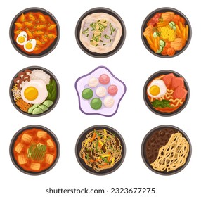 Delicious And Diverse, Korean Dishes, From Spicy Kimchi To Savory Bulgogi, Tteokbokki and Kimbap, Offer A Culinary Experience That Satisfies Both The Palate And The Soul. Cartoon Vector Illustration