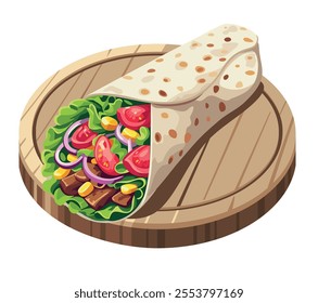Delicioso doner kebab ou shawarma com carne servida em uma tábua de madeira. Fast food. Ilustração vetorial em eps 10. Adequado para menu, receita e livro de receitas 
