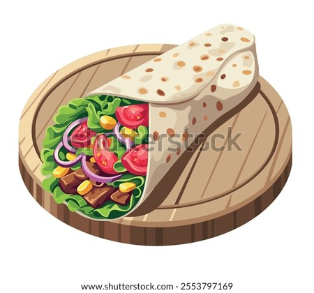 Delicious doner kebab or shawarma with beef served on a wooden board. Fast food. Vector illustration in eps 10. Suitable for menu, recipe and cookbook 