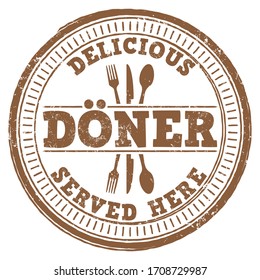 Delicious Doner Served Here. Vector Stamp.