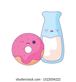 delicious donut with bottle milk kawaii style vector illustration design
