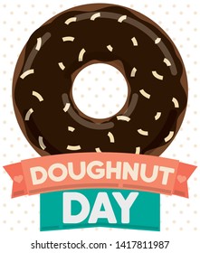 Delicious donut with chocolate glaze and coconut toppings decorated with greeting ribbons over a spotted background to celebrate Doughnut Day.