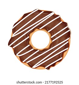 Delicious donut with chocolate and white icing isolated on white background. Realistic vector illustration of sweet pastries.