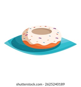 Deliciosa rosquinha está deitada em um guardanapo azul com polvilhos coloridos