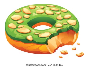 Deliciosa rosca com cobertura de matcha e amêndoas crocantes, com uma mordida retirada, migalhas caindo. Ilustração de desenho animado vetorial