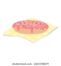 Delicious donut is on a yellow napkin with pink glaze and colorful sprinkles