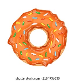 Köstliche Donut mit orangefarbenem Eis und hellen, süßen Sprinklen einzeln auf weißem Hintergrund. Realistische Vektorgrafik süßer Gebäck.м м м м м м м м