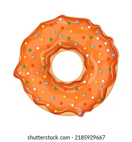 Delicious donut with orange icing and bright sweet sprinkles isolated on white background. Realistic vector illustration of sweet pastries.