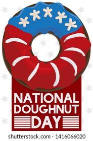 Delicious donut with patriotic American glaze and greeting sign over a background with stars to celebrate National Doughnut Day.