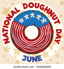 Delicious donut with patriotic glaze like U.S.A. flag over a starry background ready to celebrate National Doughnut Day in June.