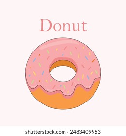 Leckerer Donut mit rosa Glasur und bunten Streuseln 
 Auf einem hellrosa Hintergrund.Vektorillustration.