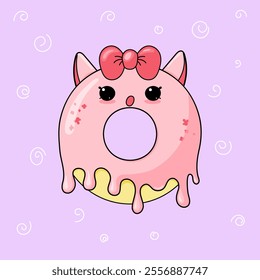 Delicious donut with pink icing, cute face, bow and sprinkles. Vector illustration for cards, books, invitations