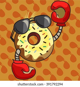 Delicious donut with red boxing gloves and sunglasses; The winner on a orange background with sunglasses vector.