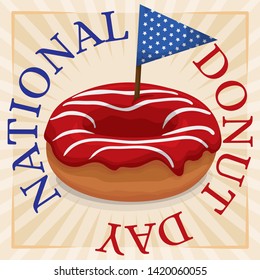Delicious donut with red cherry glaze and a starry blue pennant to celebrate National Doughnut Day in U.S.A.