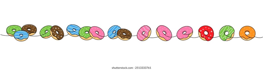 Delicious donut set. Take away donuts one line colored continuous drawing. Bakery sweet pastry food. Vector linear illustration.