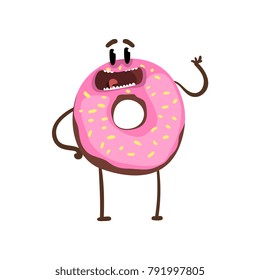 Delicious donut standing and waving hand. Cartoon character of vanilla glazed doughnut with happy face expression. Flat vector design for cafe poster, sticker or print