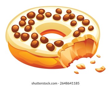 Deliciosa rosquinha com cobertura de baunilha e batatas fritas de chocolate, com uma mordida retirada, migalhas caindo dela. Ilustração de desenho animado vetorial