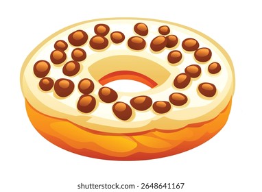 Delicious donut with vanilla icing and many chocolate chips. Vector cartoon illustration
