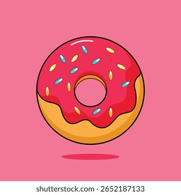 Delicious donut vector design. Birthday donut cake with chocolate cream, strawberries, and sprinkles, 3D shape. Vector illustration of donut cake design.