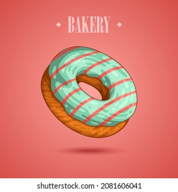 Delicious donut. Vector illustration of floating colorful glazed donut supplemented with text BAKERY. Cafe poster, bakery signboard, menu page, flyer, banner, ad, social media post