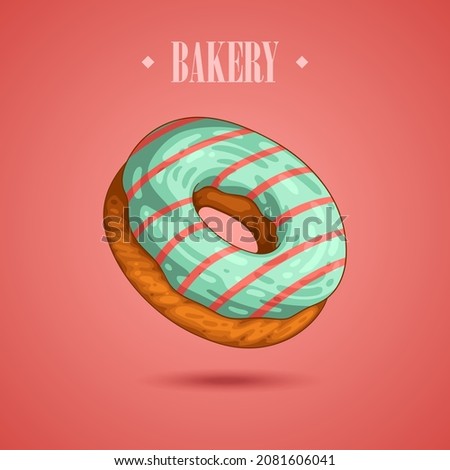 Delicious donut. Vector illustration of floating colorful glazed donut supplemented with text BAKERY. Cafe poster, bakery signboard, menu page, flyer, banner, ad, social media post