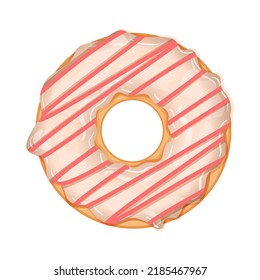 Delicious donut with white chocolate and pink icing isolated on white background. Realistic vector illustration of sweet pastries.