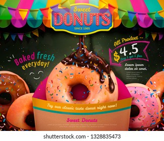 Delicious donuts ads on blackboard background in 3d illustration