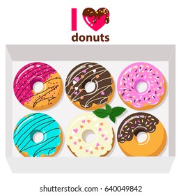 Delicious donuts in box on white background with letters: i love donuts. Vector illustration