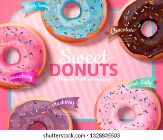 Delicious donuts in different flavors on pink striped background, 3d illustration